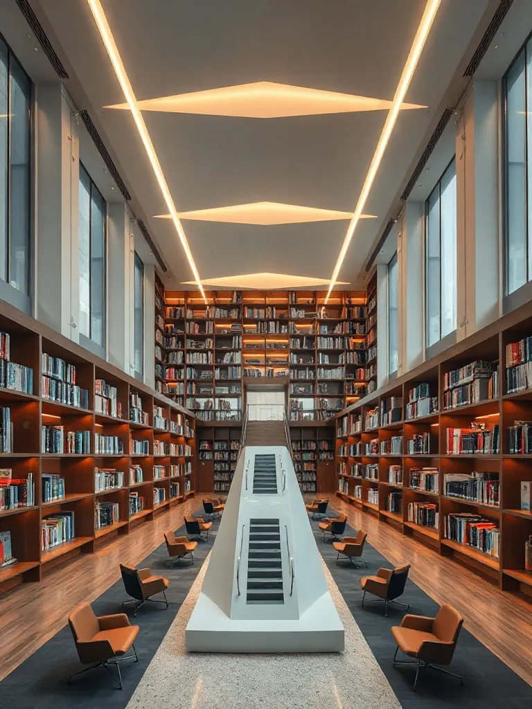A minimalist library interior with high ceilings and geometr