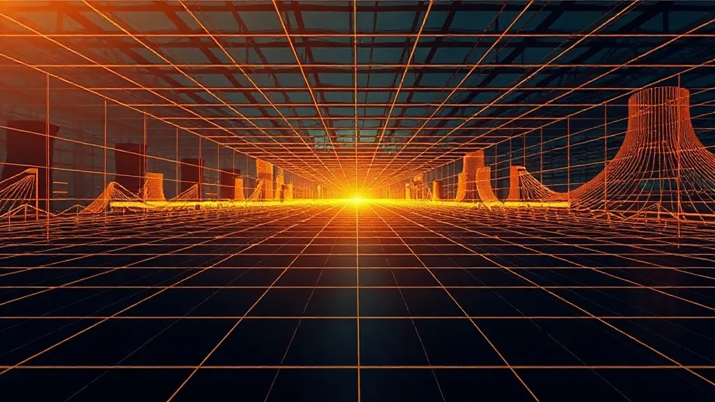 Abstract architectural grid with lines and golden light, hig