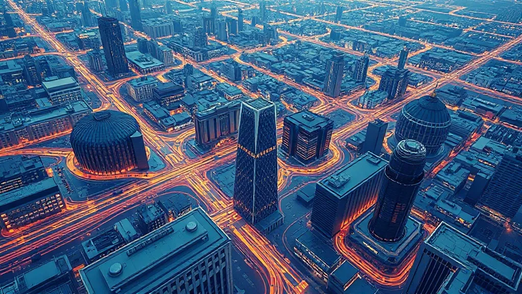 A futuristic architectural blueprint of a city with glowing